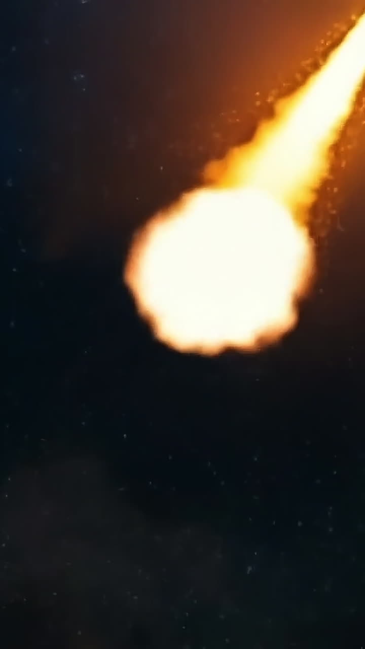Military vehicle fires missile at night. A military vehicle launches a missile into the sky during nighttime, illuminating the dark landscape with flames.