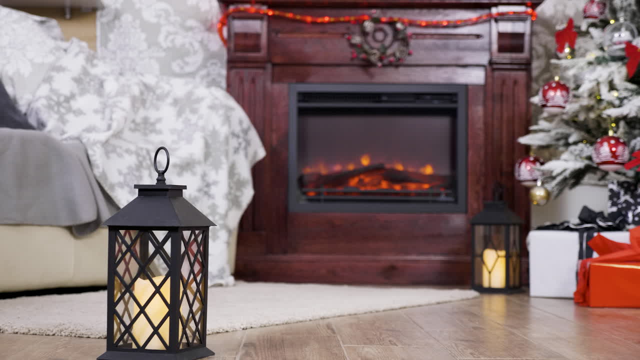 Cozy Christmas Fireplace Scene with Lantern