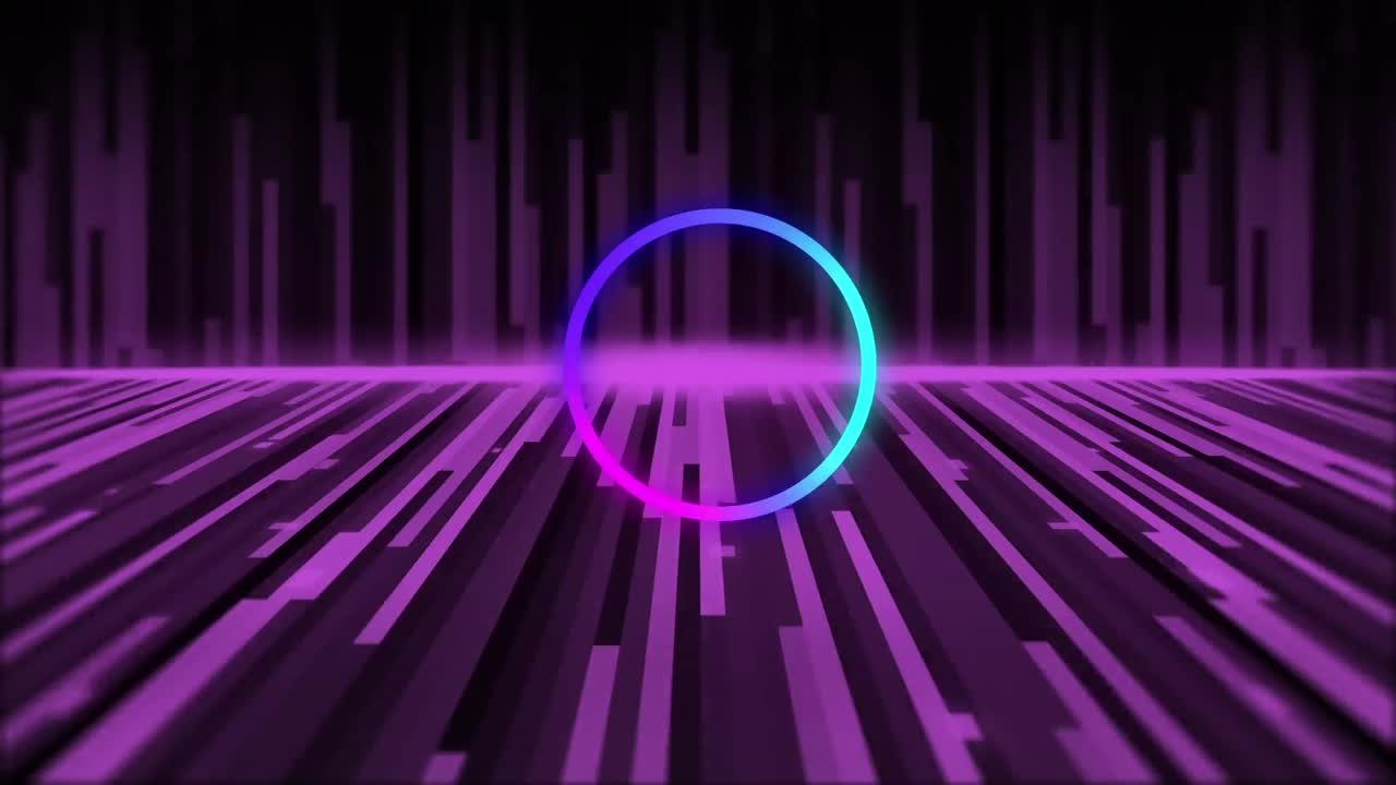 animación de anillo púrpura, azul y rosa, sobre el suelo y la pared púrpura en movimiento en negro