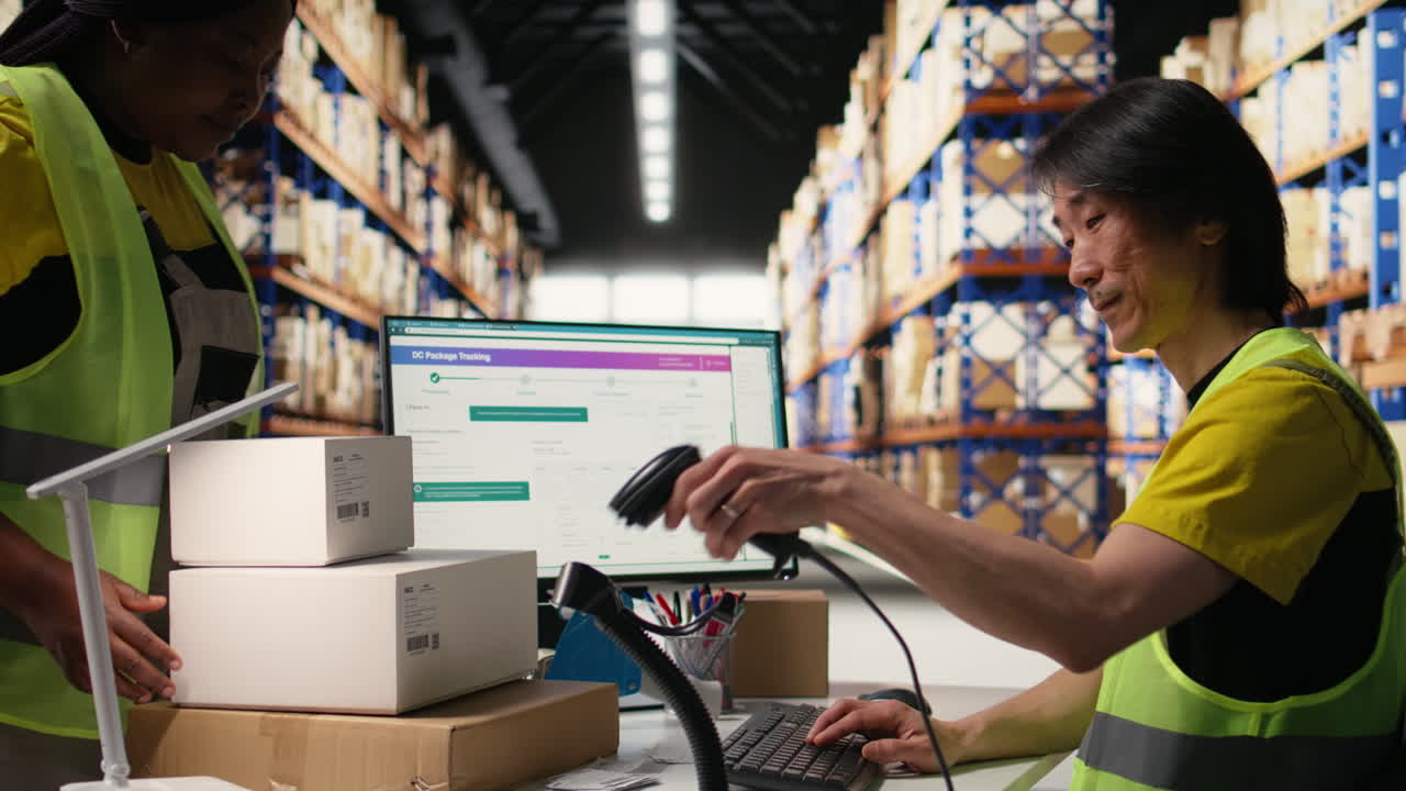 Vertical Video Asian employee registering airway bills in storehouse industrial depot