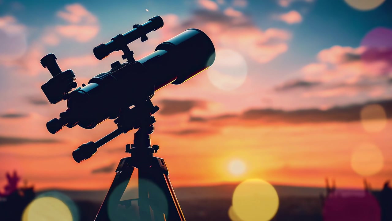 Silhouette de télescope au coucher du soleil avec des lumières bokeh colorées