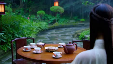 woman enjoying tea in a rainy garden