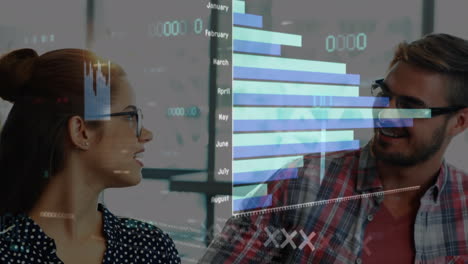 animation of statistical data processing against portrait of diverse man and woman smiling at office