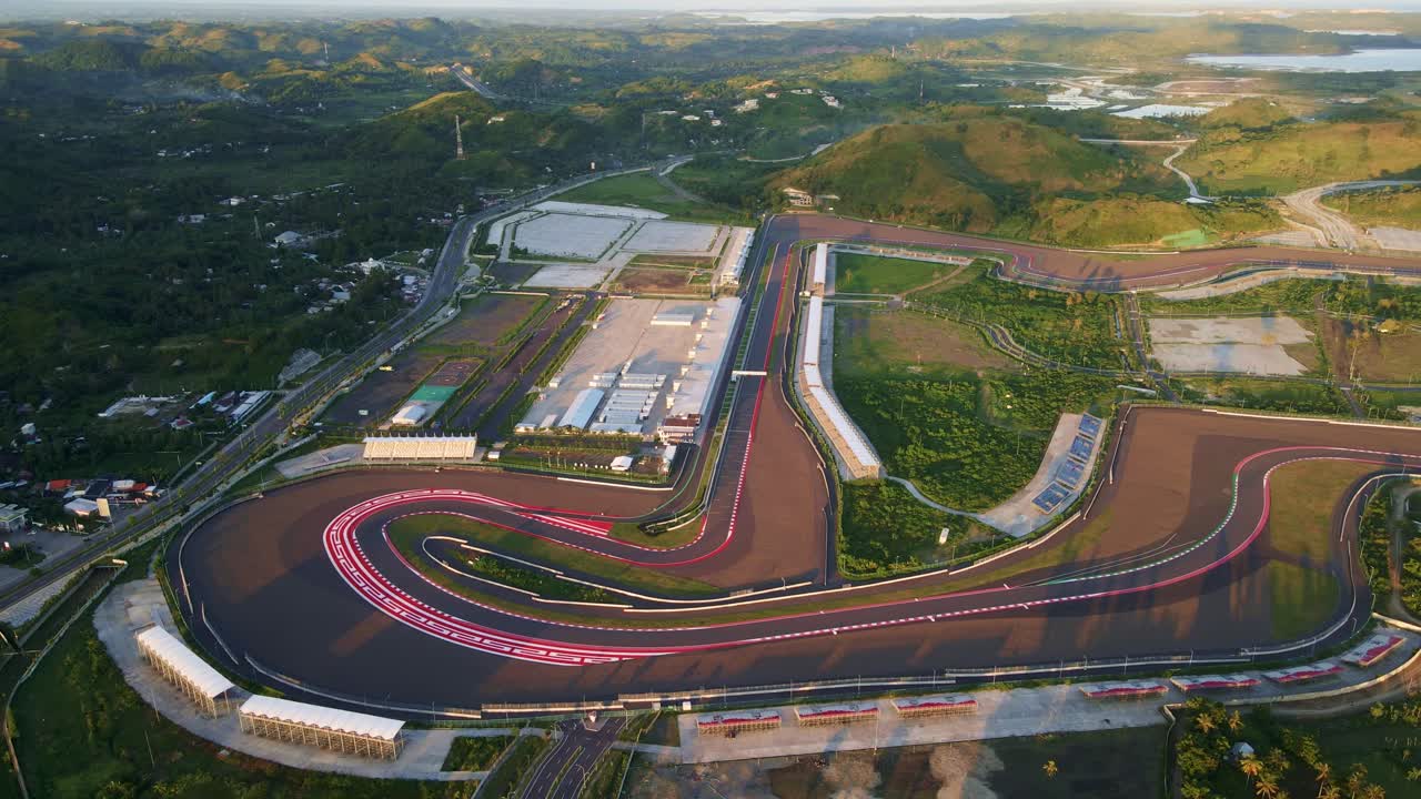 Mandalika race track with no vehicles at sunset. Aerial view