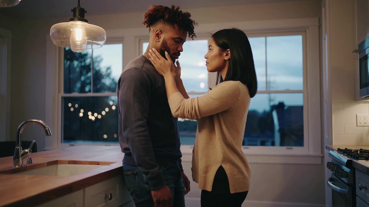 Stepping woman in beige sweater comforting partner, cupping face and neck in kitchen near pendant
