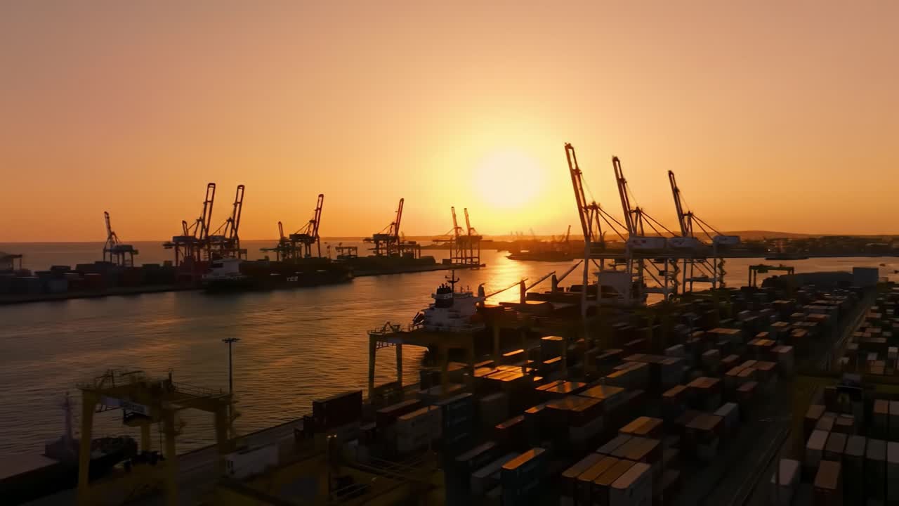 Watch as the sun sets behind a busy cargo port, illuminating cranes and container ships. The vibrant colors in the sky enhance the industrial landscape of shipping operations.