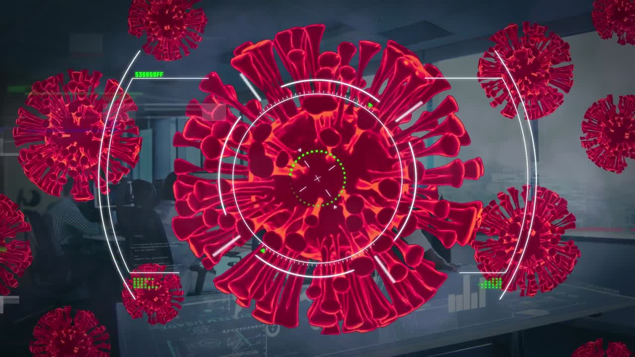 Animation of scanner and red covid virus cells over man in vr headset working in office