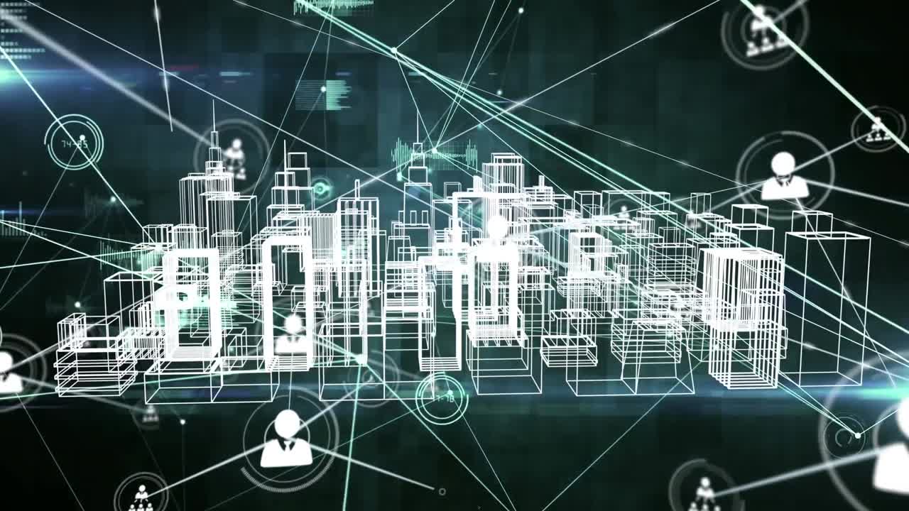 검은색 배경에 디지털 도시에 대한 연결 네트워크의 애니메이션