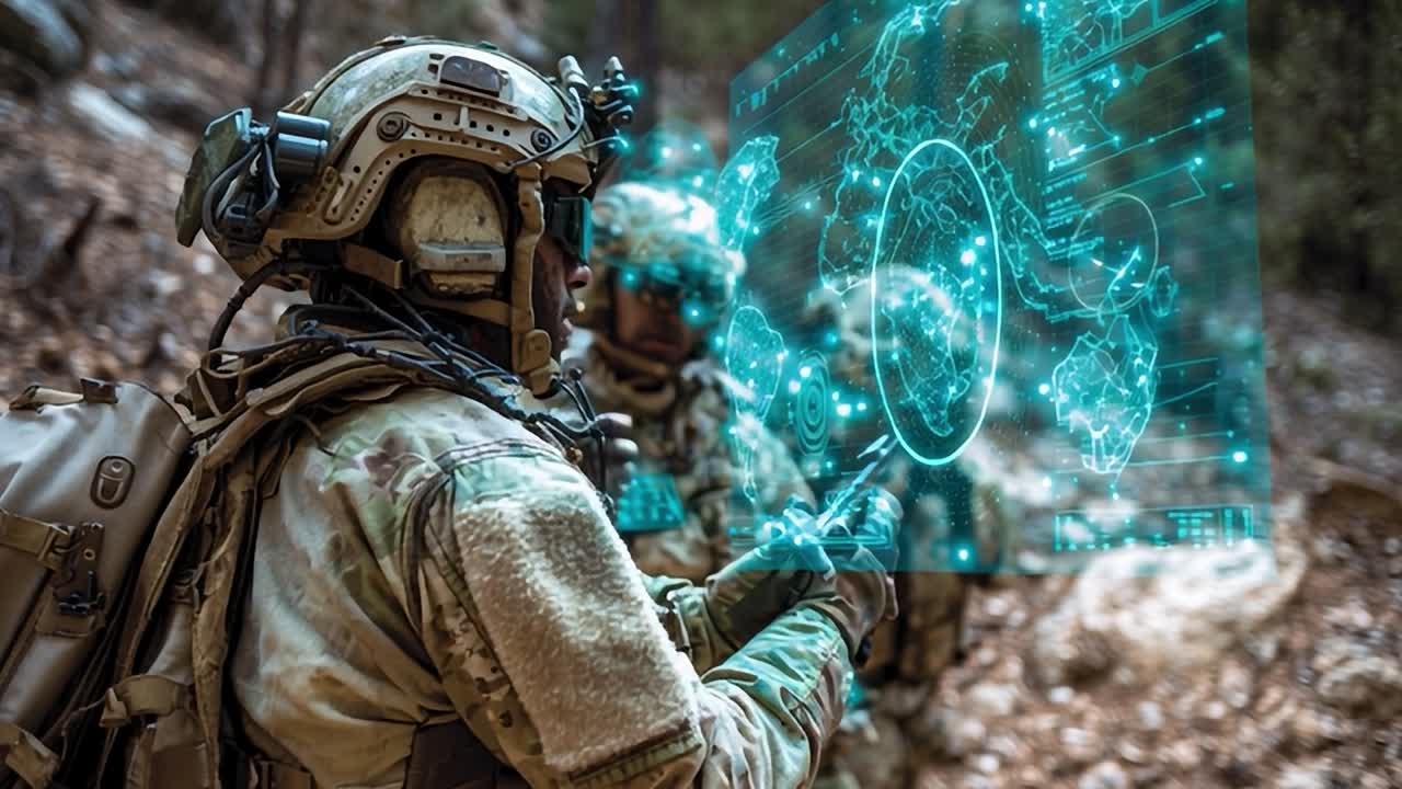 Soldiers using advanced technology for strategic planning in forest