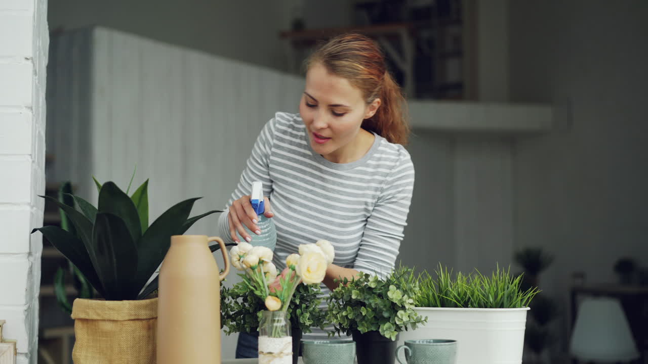 Woman Watering Houseplants and Flowers at Home