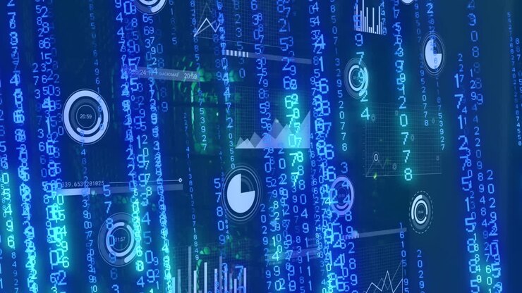 Animation of loading circles, graphs and falling numbers over illuminated data server systems