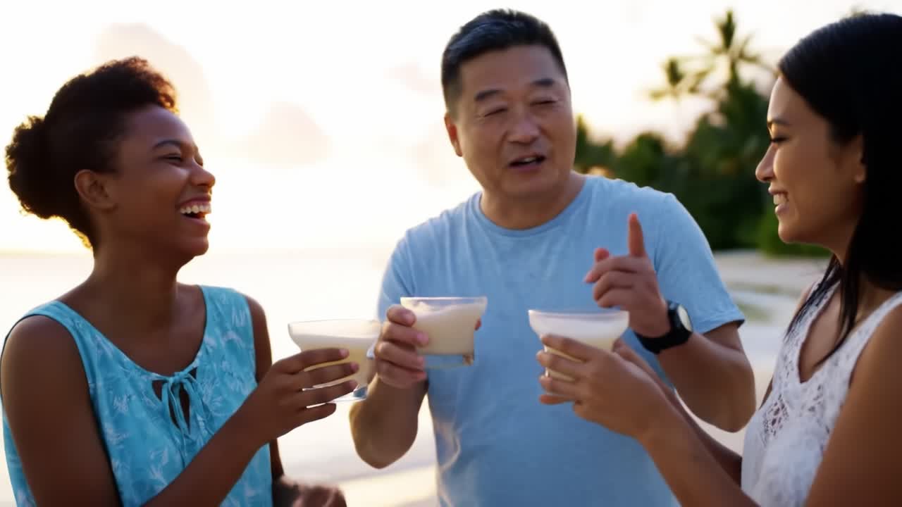 A Joyful Celebration: Friends Raising Glasses in Unity Against a Beautiful Beach Sunset, Sharing Laughter and Memorable Moments Together