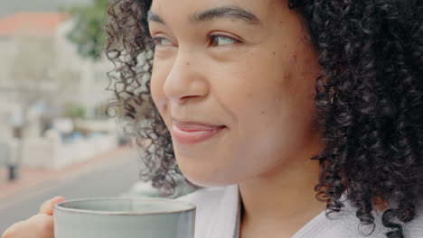 coffee, drink and happy woman breathing in aroma