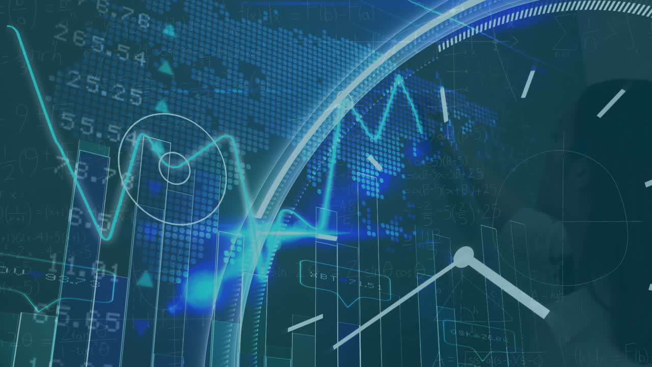 검은 바탕에 움직이는 시계와 함께 데이터 처리의 애니메이션