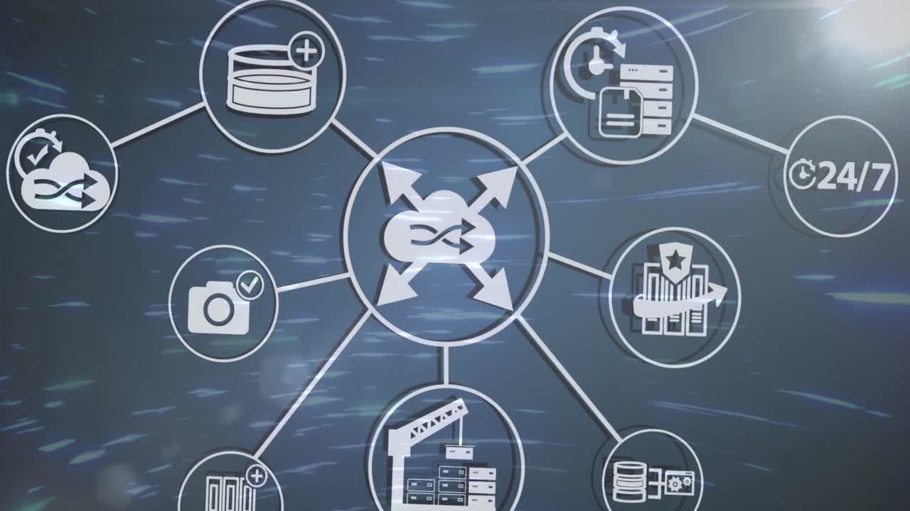 animación del diagrama de flujo de iconos sobre el patrón abstracto circular y el destello de la lente