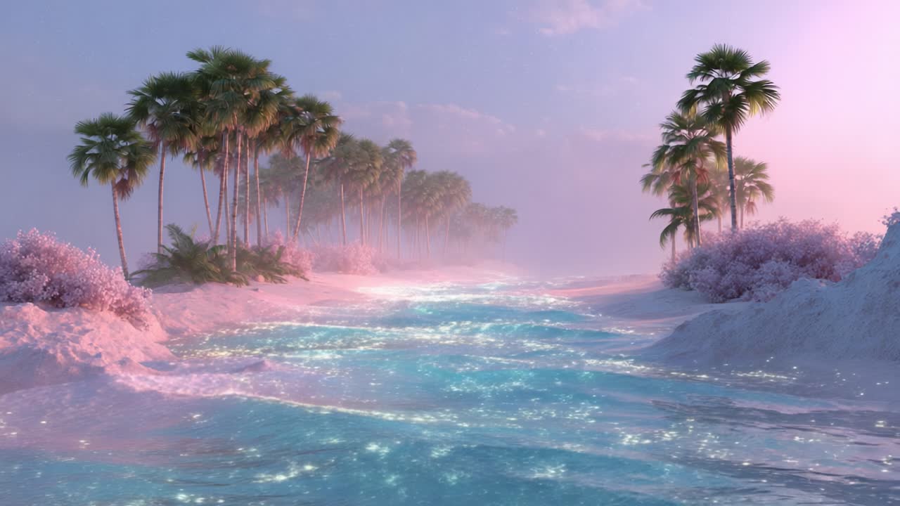A Serene Tropical Fantasy: Glowing Waters and Lush Palms in a Dreamlike Landscape Amidst Soft Colors and Misty Horizon