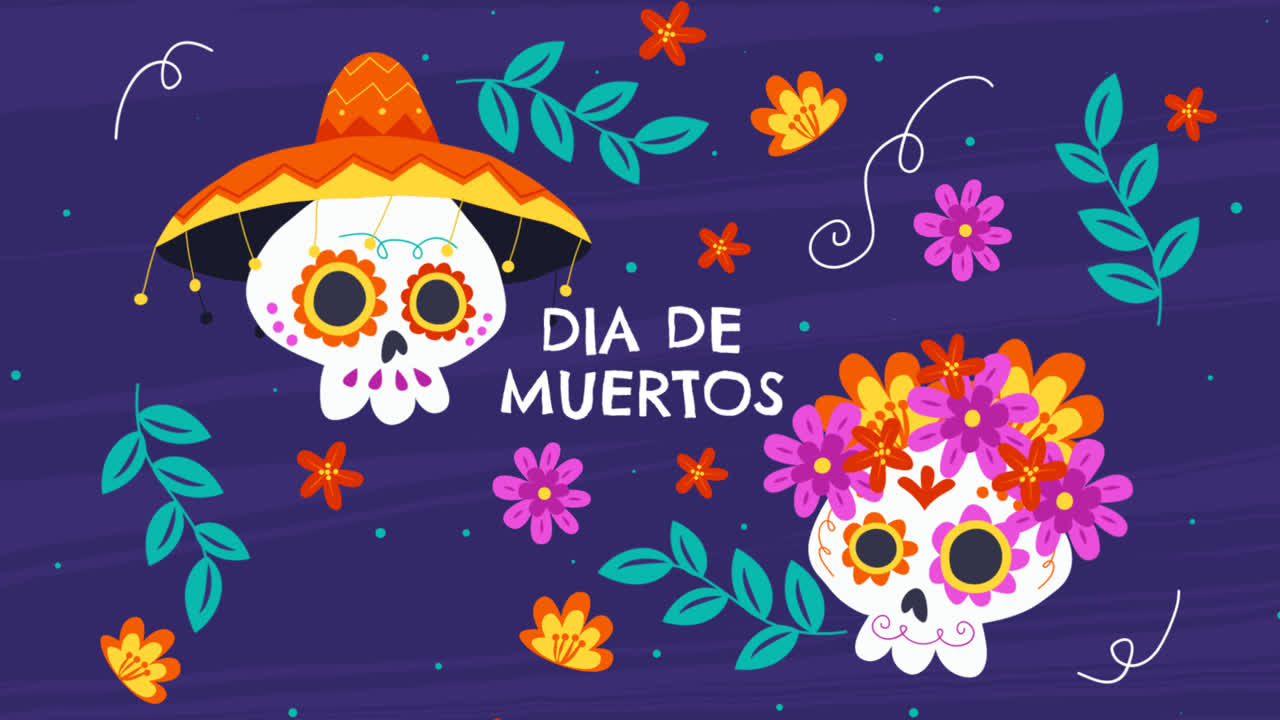 una animación de fondo plano dibujado a mano dia de muertos