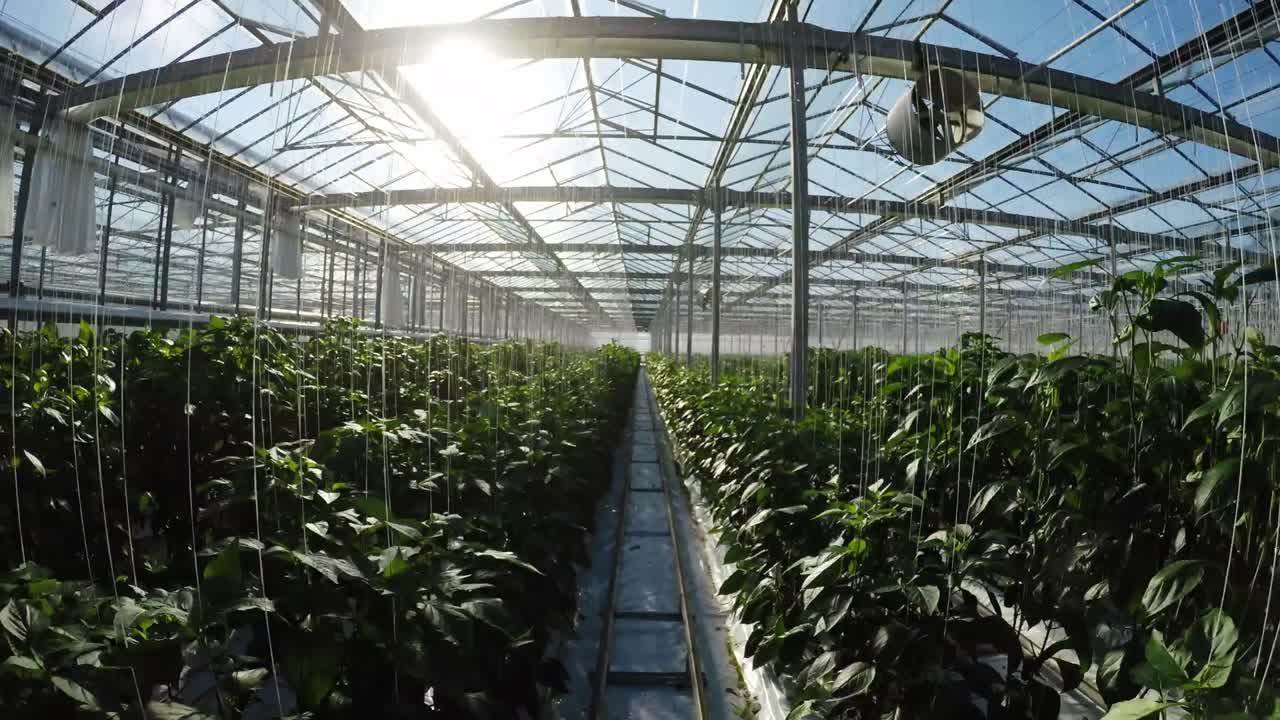 fila de plantas verdes en el invernadero 4k