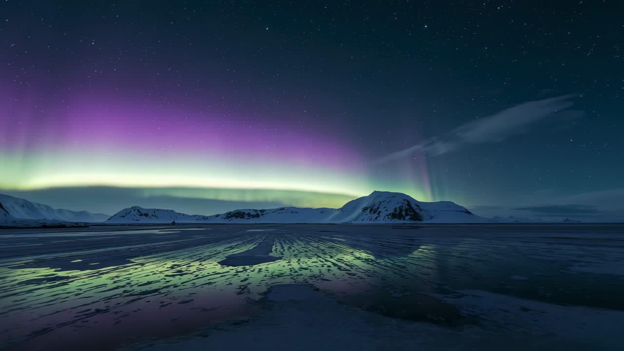 Faint green aurora borealis stretching into purple curtains above frozen coast, reflecting on ice
