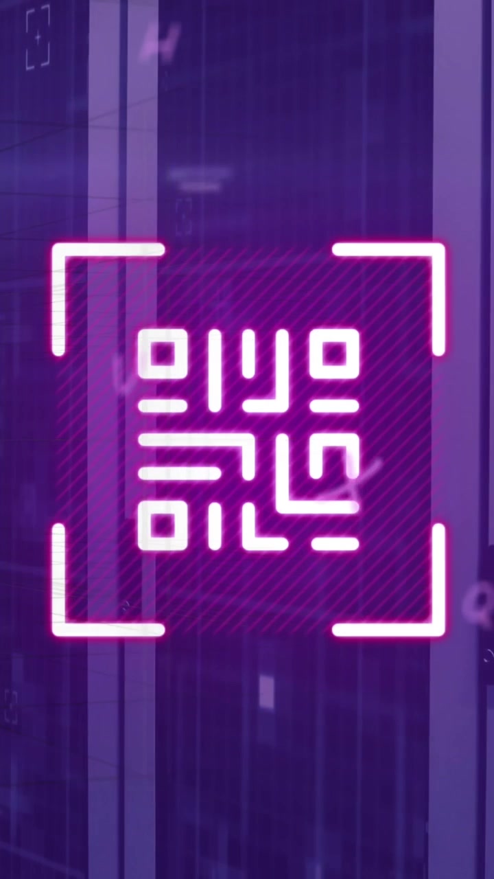 Animation of qr code and letters over computer servers in background