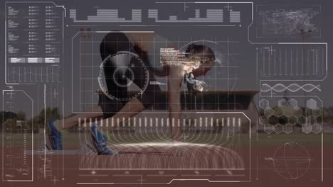animación del procesamiento de datos en la interfaz digital sobre una mujer corriendo en una pista deportiva