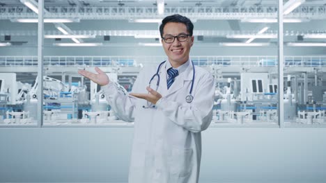 Asian Male Doctor With Stethoscope Smiling And Pointing To The Side In Laboratory