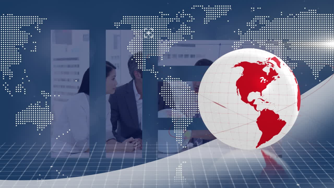 파란색 배경에서 이야기하는 다양한 사업가들에 대한 세계 지도와 지구상의 애니메이션