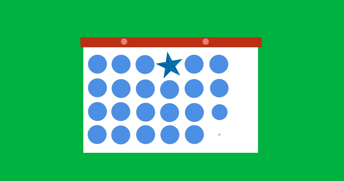 Animazione digitale di un'icona a stella blu sopra la data del 4 luglio su un calendario, su sfondo nero.