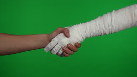 human hand shaking bandaged mummy hand on green screen