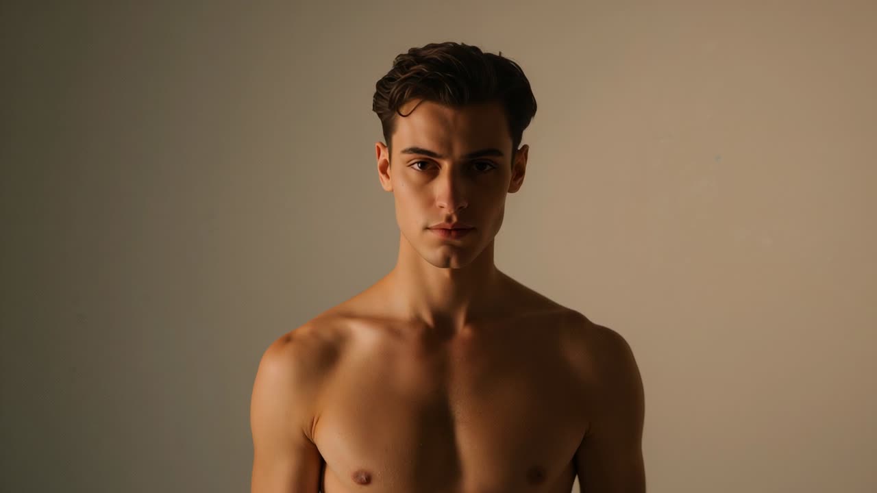 Uomo a torso nudo che solleva la testa da uno sguardo abbassato in un ritratto, sfondo beige, luce soffusa, incrociando lo sguardo