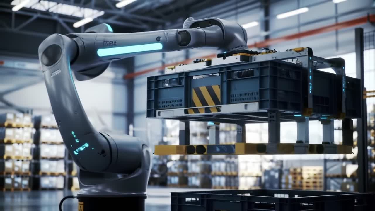 Advanced Robotic Arm in Automated Warehouse Setting, Efficiently Handling Pallets and Demonstrating Cutting-Edge Technology in Modern Logistics Operations