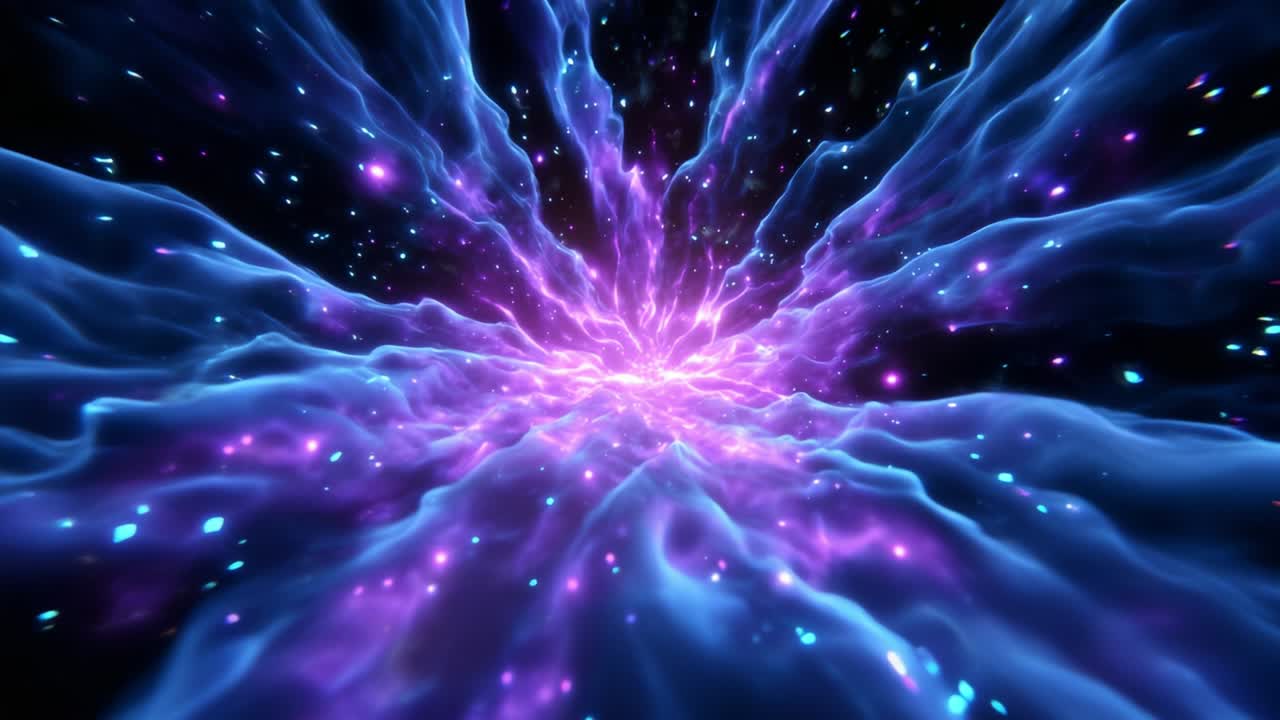 A mesmerizing cosmic journey through vibrant waves of energy, showcasing a captivating interplay of purple and blue hues, creating a surreal, otherworldly experience of light and motion within the universe