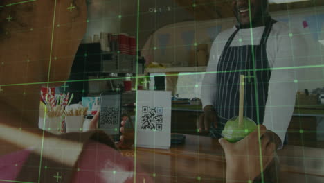 using smartphone qr code, customer paying at cafe counter with animation overlay
