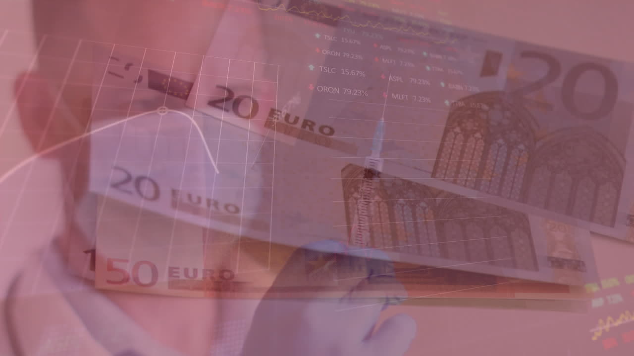 animación de datos financieros sobre la moneda euro y un médico masculino con máscara preparando la vacunación