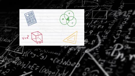 animación de iconos de artículos escolares sobre ecuaciones matemáticas en fondo negro