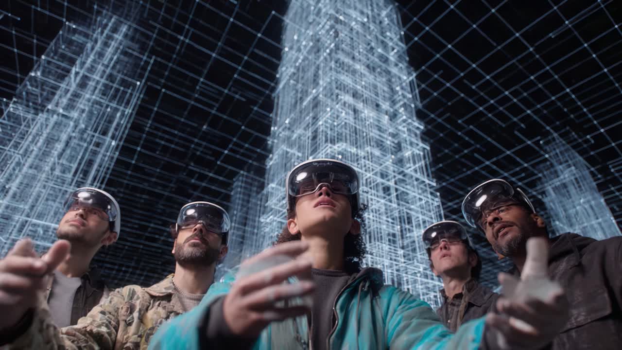 A group of individuals engaged in an immersive virtual reality experience, wearing advanced headsets and interacting with a stunningly rendered digital environment resembling futuristic skyscrapers and architecture