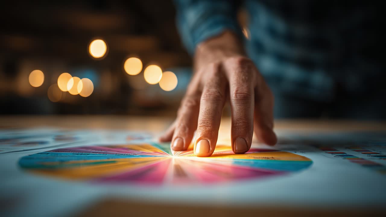 Analyzing Data Insights: A Close-Up View of Hands Engaging with a Colorful Chart in a Creative Workspace Environment