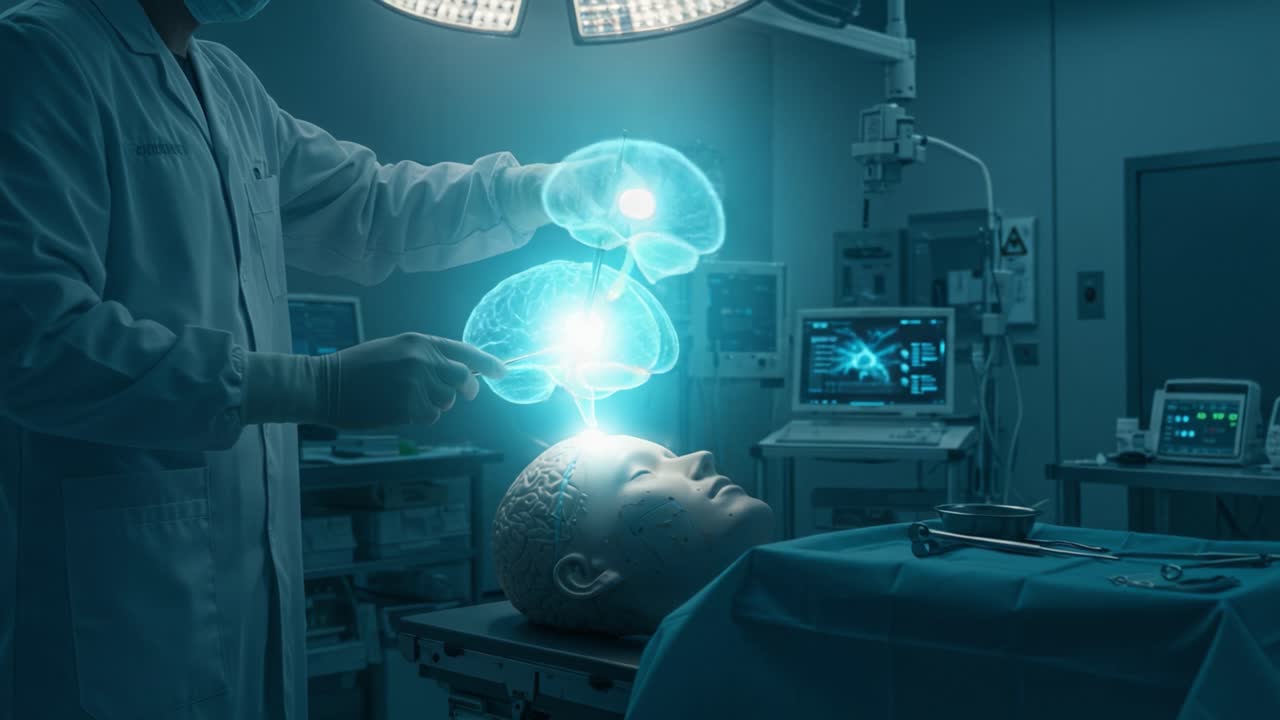 An Advanced Surgical Operation on a Dummy Head with Holographic Brain Visualization, Demonstrating Cutting-Edge Medical Technology in a High-Tech Operating Room