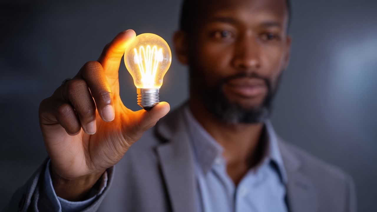 A man holding a glowing light bulb as a symbol of innovation and creativity, showcasing a moment of inspiration and bright ideas in a professional setting