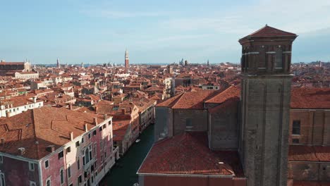 venice cityscape with santa maria assunta church, clear sky, aerial view