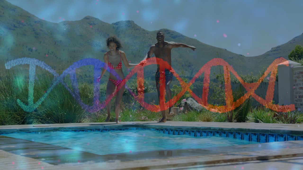 Couple jumping into pool with DNA strand animation over scenic mountain backdrop