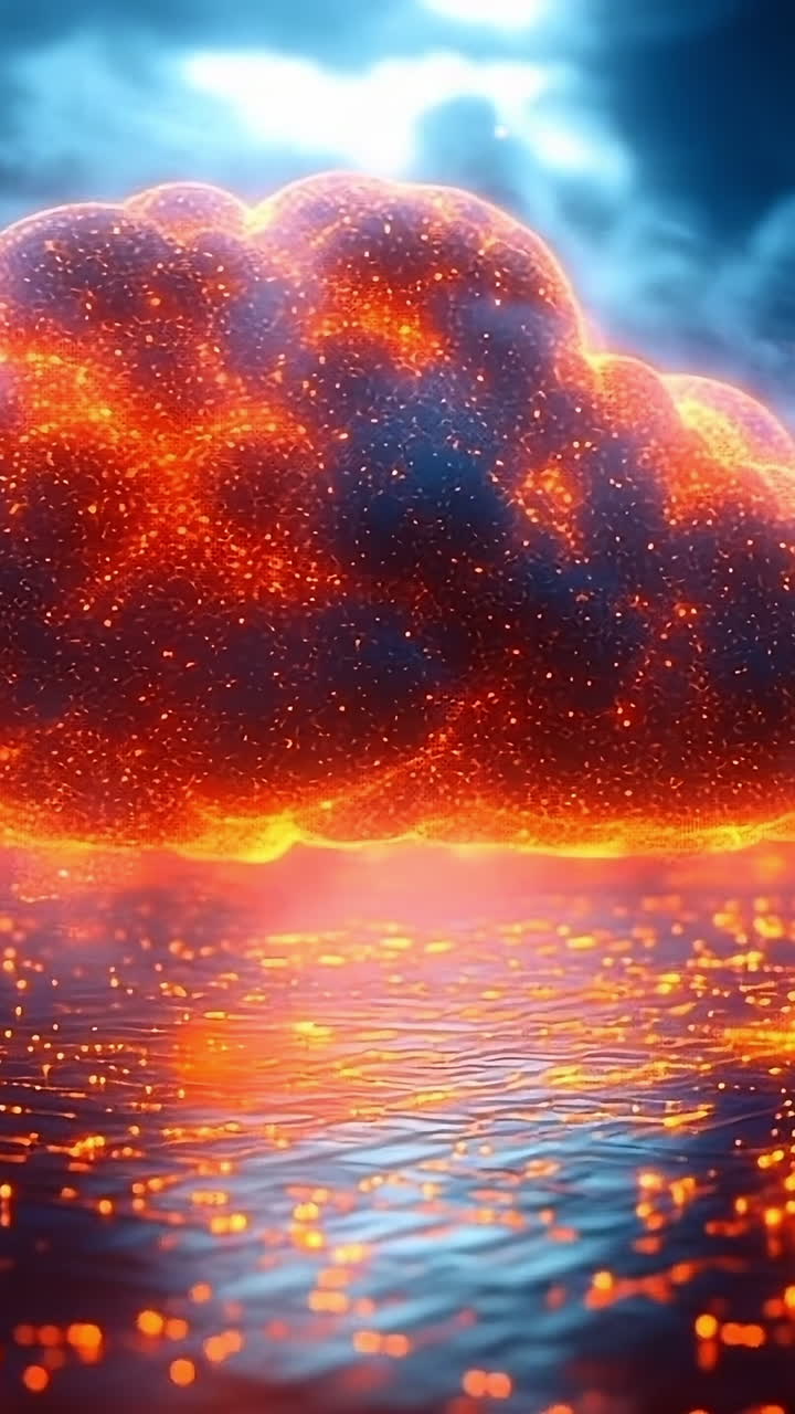Bright volcanic cloud lights up. A vibrant volcanic cloud glows above a shimmering digital landscape during twilight, creating a surreal atmosphere.