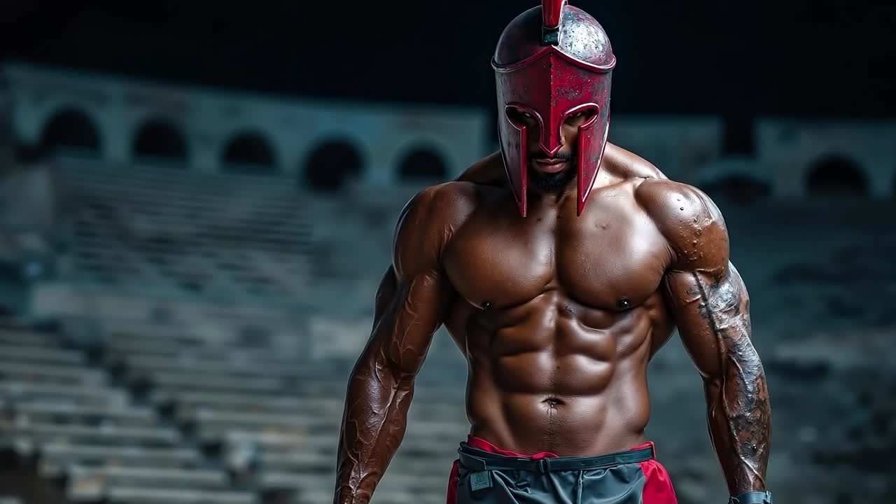 A man wearing a red helmet with a beard and no shirt