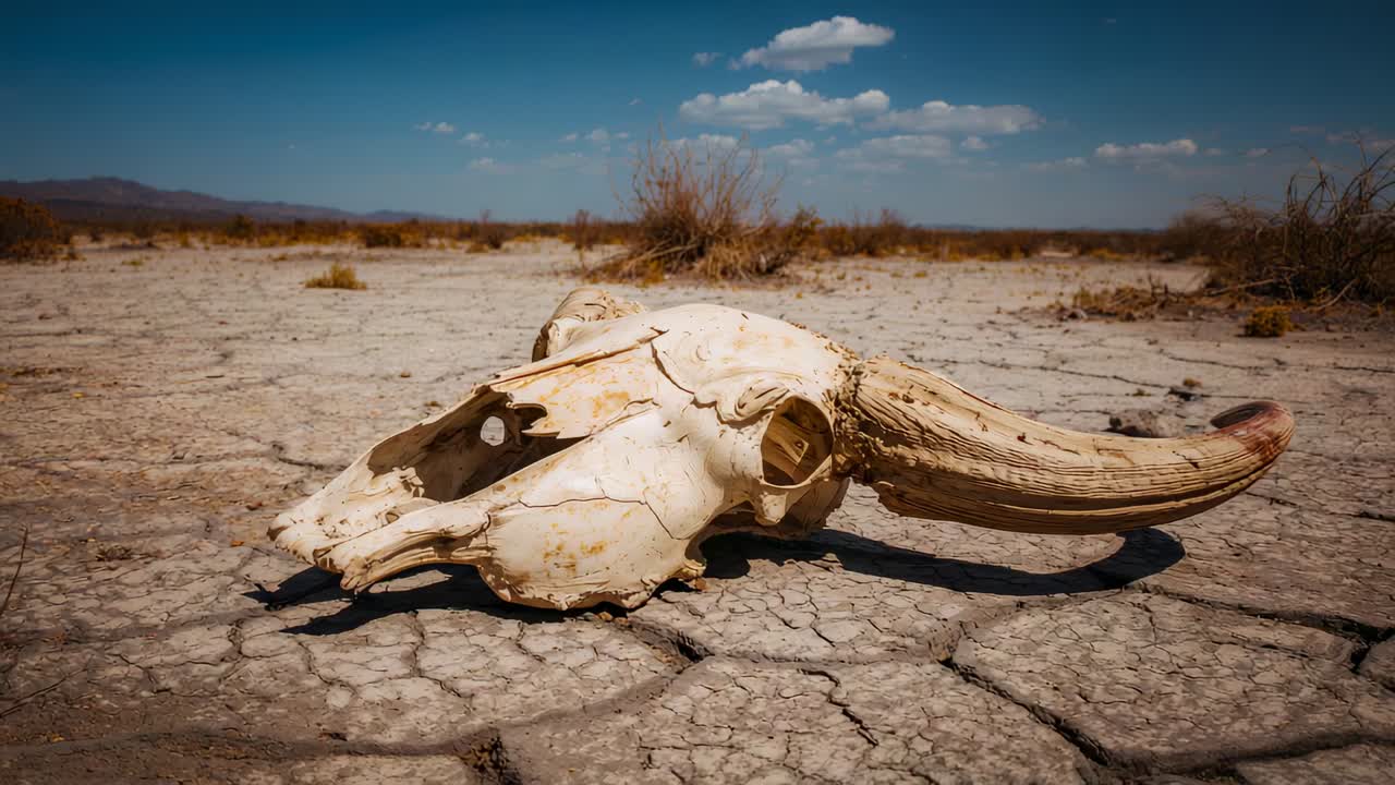 Pulling back camera revealing still bleached animal skull on cracked mudflat to show wider plain