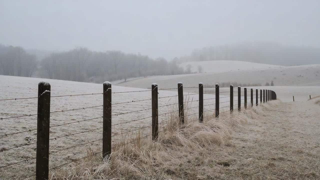 Starting camera tracking fence posts, wire across frost field guiding to misty hills