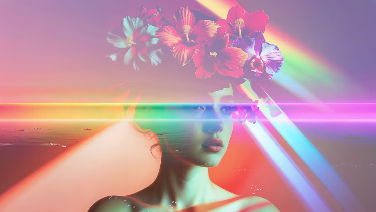 Ethereal Woman with Floral Crown and Rainbow Spectrum