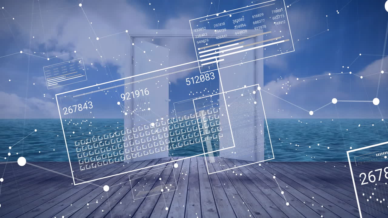 Digital data and network connections animation over ocean view from wooden deck