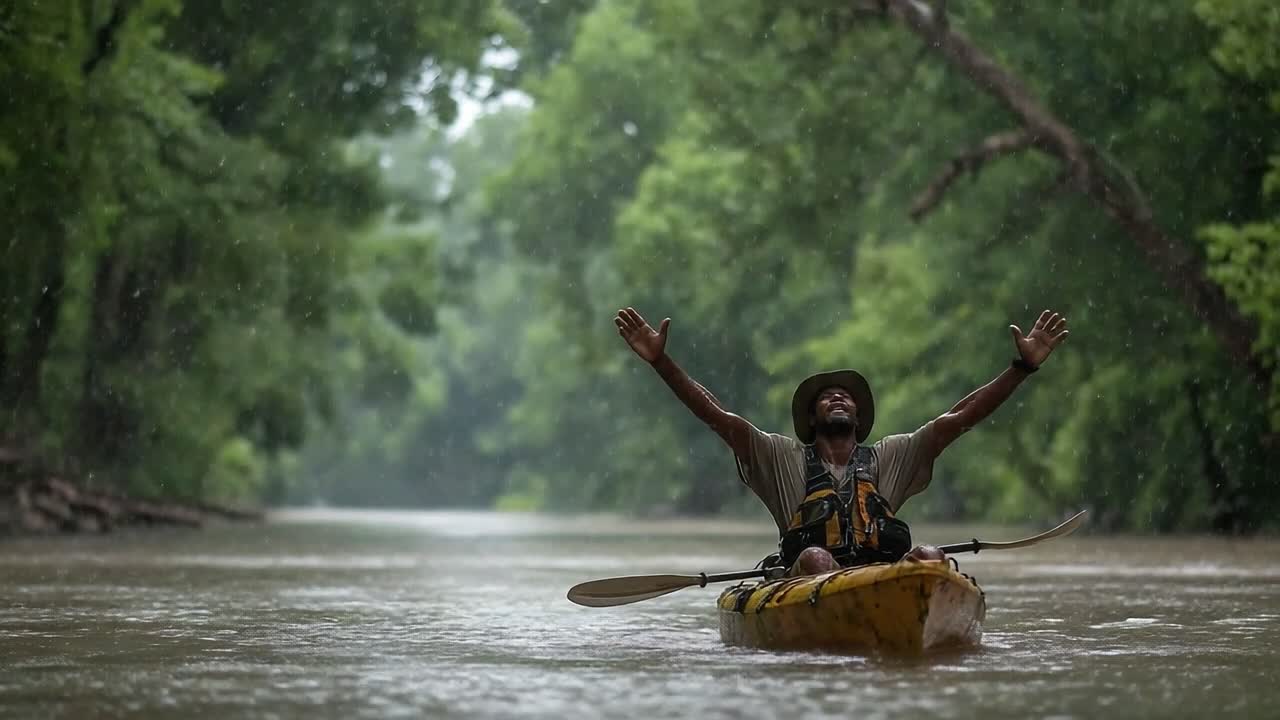 A Joyful Kayaker Embraces the Rain: Capturing the Essence of Adventure and Nature in a Serene Landscape