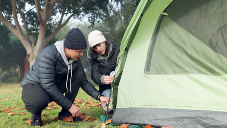 camping, tent and help with couple in nature