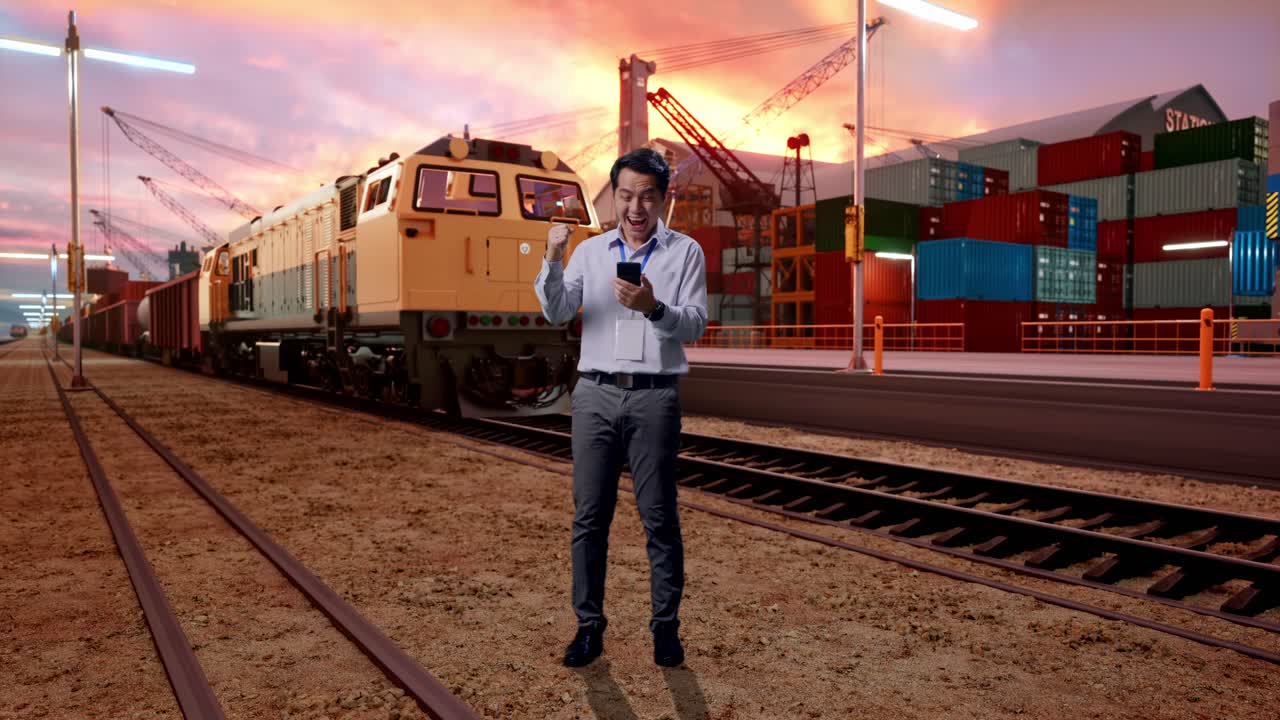 Full Body Of An Asian Male Professional Worker Standing With His Smartphone With Freight Cargo Train At Port, He Raises His Fist Up With Screaming Goal